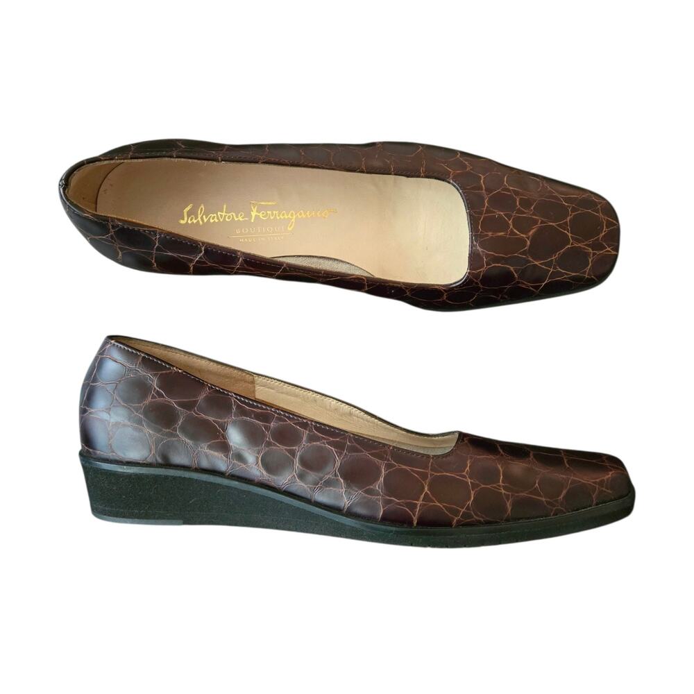 Vintage Salvatore Ferragamo Croc Embossed Low Wedge Loafer Shoes Brown 6 B Italy